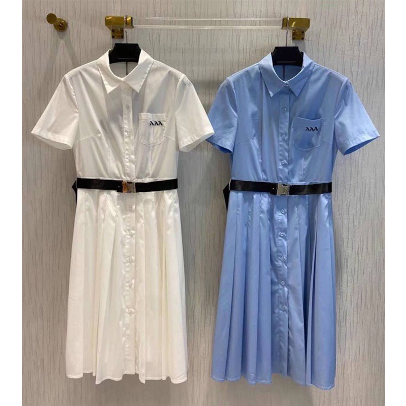 

2022 Spring Summer New Women's Lapel Neck Solid Lady A-line Dress Short Sleeved Letter Embroidery High Waist With Belt Fashion Dress, White