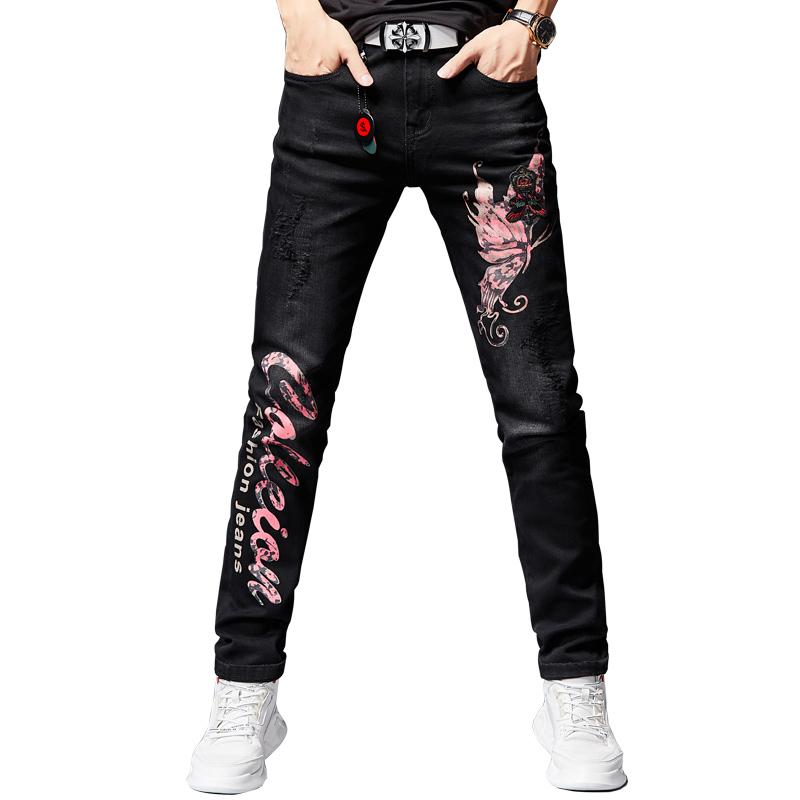 

Men's Jeans High Embroidery Printed Street Fashion Mens Butterfly Letter Painted Black Designer Skinny Hip Hop Stretch DenimMen's, As pic