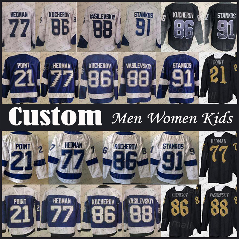 

91 Steven Stamkos 88 Andrei Vasilevskiy Hockey Jersey Custom Tampa Bay Lightning Nikita Kucherov Brayden Point Victor Hedman Pat Maroon Brandon Hagel Nicholas Paul, Shown
