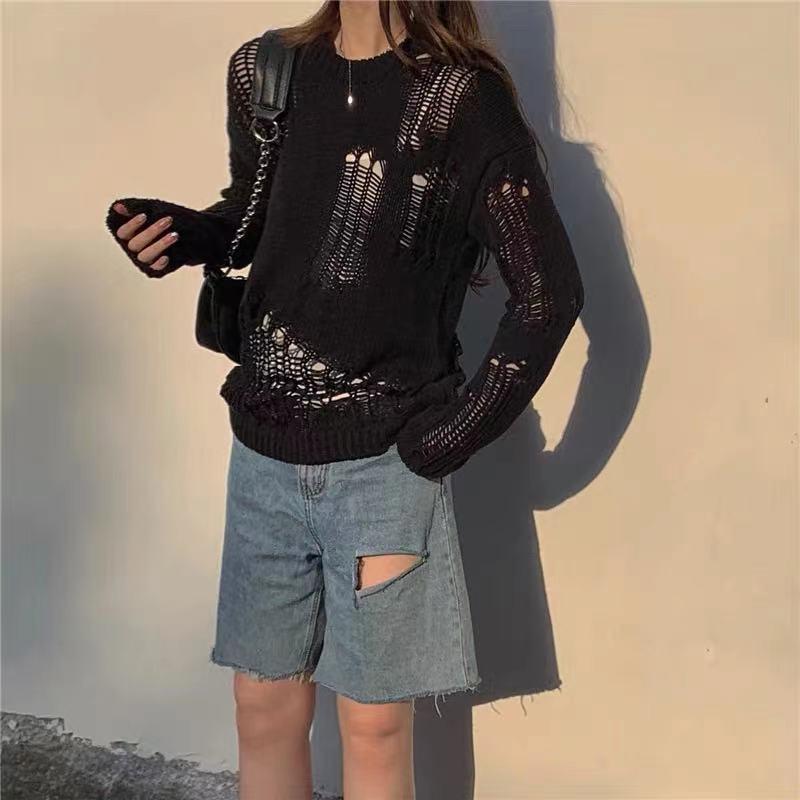 

Women' Sweaters Halloween Sweater Gothic Holes Streetshirt Oversized Knitted Winter Women Clothes Punk Hollow Pullover Woolen Thin BrokenWo, Black