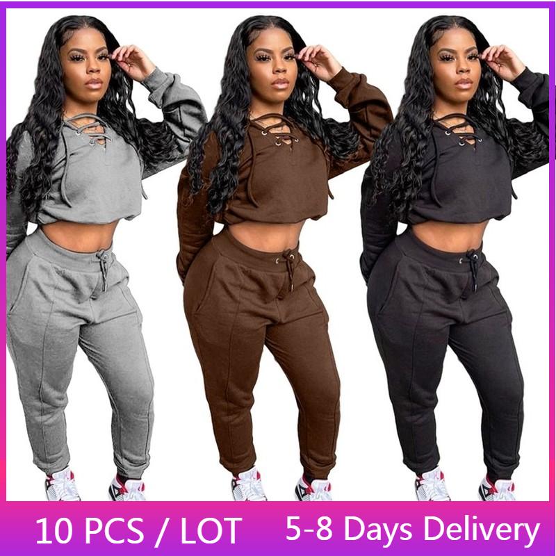

Women' Two Piece Pants Wholesale Items Sportswear Sweatsuits For Women Fall Clothes Lace Up Crop Top And Sweatpants Set Casual Tracksuit Ou, Black