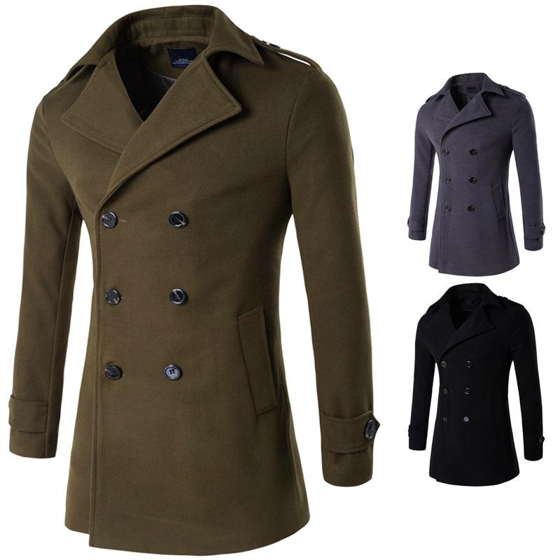 

Men's Trench Coats Spring And Autumn Mens Double Breasted Woolen Coat Long Sleeve Men Army Green Overcoat Wool WindbreakerMen's, Black