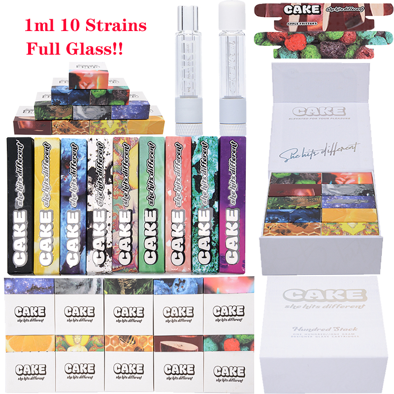 

New Packaging CAKE Full Glass Atomizers 510 Thread 1.0ML Carts Ceramic Coil Disposable Thick Oil Dab Pen Wax Vape Pen Cartridges E Cigarettes Vaporizers 10 Strains