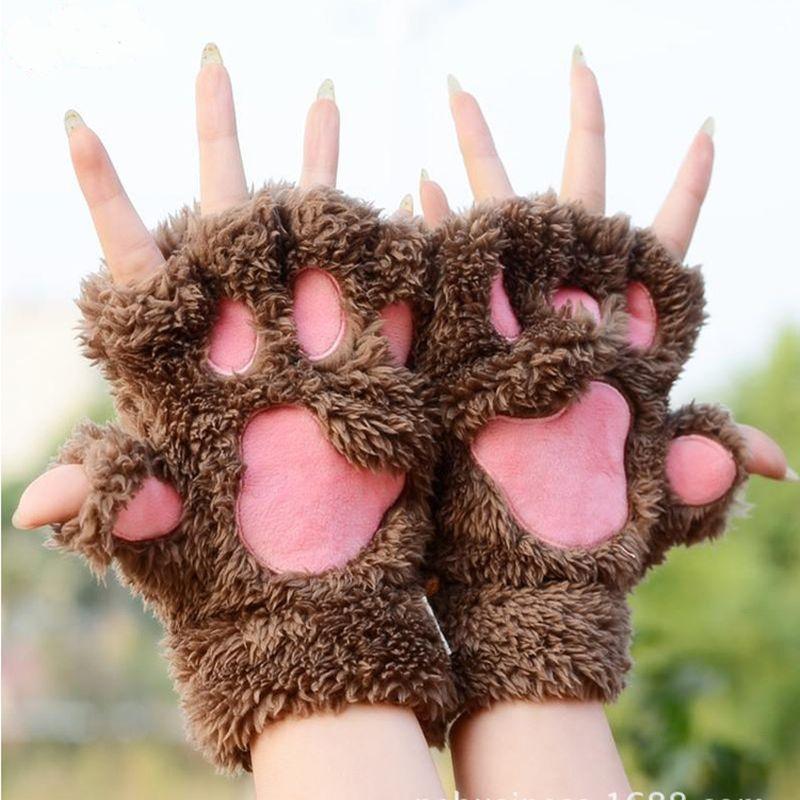 

Five Fingers Gloves 2022 Winter Women Ladies Cute Cat Claw Plush Mittens Short Fingerless Half Finger Black Gray Beige