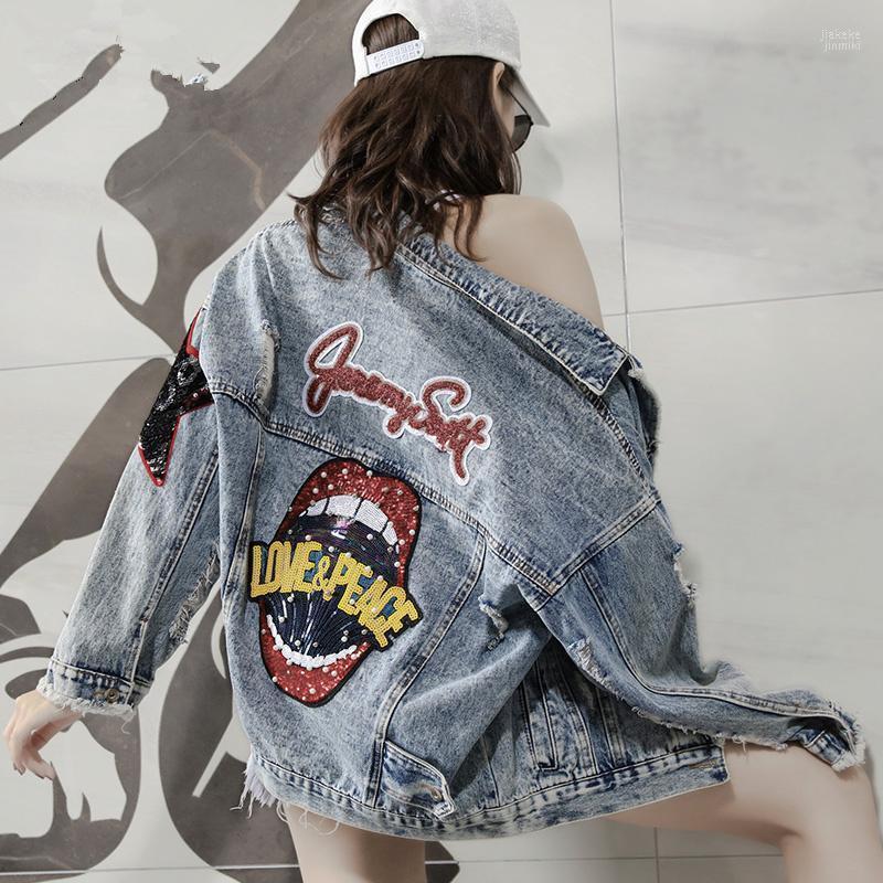 

Women' Jackets Jacket Harajuku Denim BF 2022 Spring Autumn Women Loose Korean Short Letter Sequin Cowboy Large Size, Blue