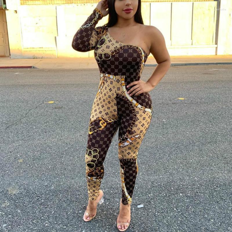 

Women' Jumpsuits & Rompers Vintage Womens Jumpsuit Sexy One Shoulder Long Sleeve Chains Printed Skinny Special Occasion OutfitsWomen, Purple