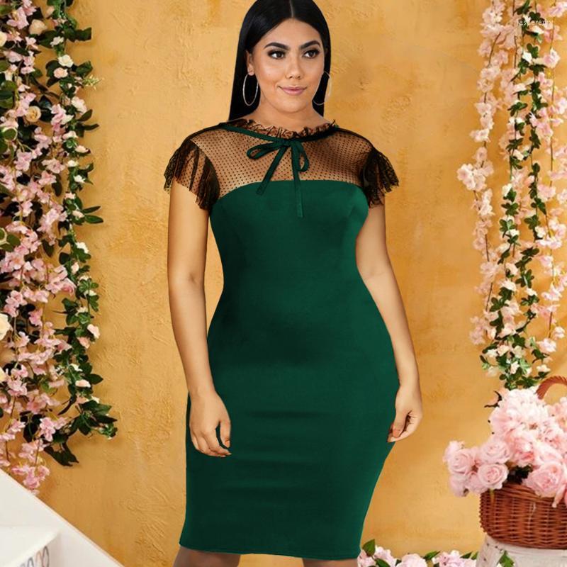

Plus Size Dresses Bodycon Mesh Polka Dot Bowtie Patchwork See Through Short Sleeve Knee Lenght Office Lady Elegant Dress Jasp22, Black