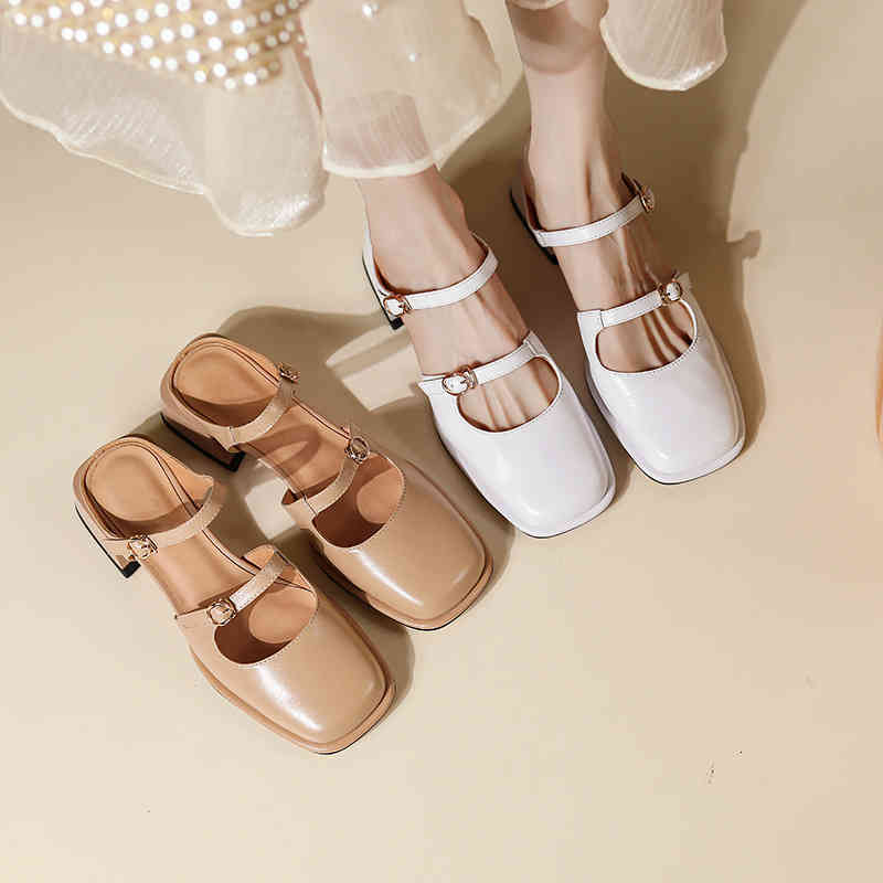 

Sandals style Baotou Muller drag women's square head shallow mouth flat belt buckle cover slippers white fashion single shoes 9PP4, 1# shoe box