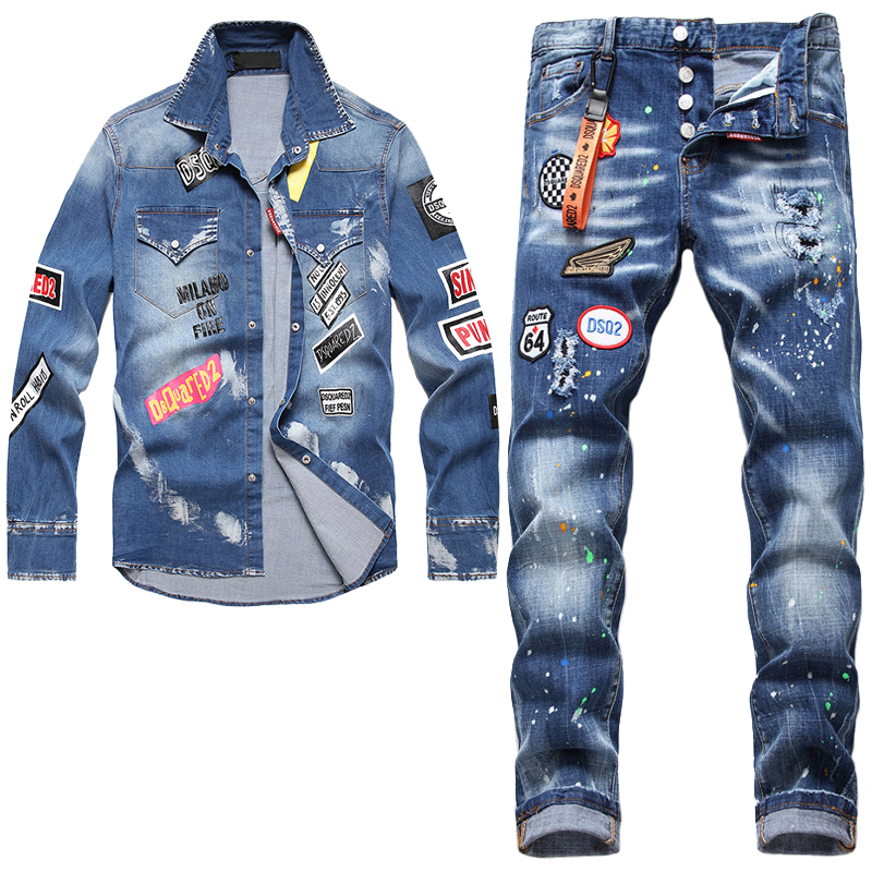 

2022 Tracksuits Summer Men's Shirt & Jeans 2 piece Sets Fashion Casual Long Sleeve Lapel Denim Cardigan and Ripped Skinny Pants Printed 2pcs Set, Shirt and jeans 8803.1045
