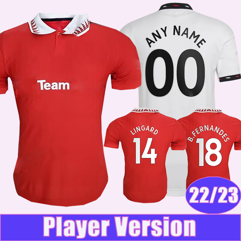 

22 23 RASHFORD POGBA Mens Player Version Soccer Jerseys MATA RASHFORD LINGARD B.FERNANDES Home Red Away Football Shirt Short Sleeve Uniforms, Qy9233 22 23 home no patch