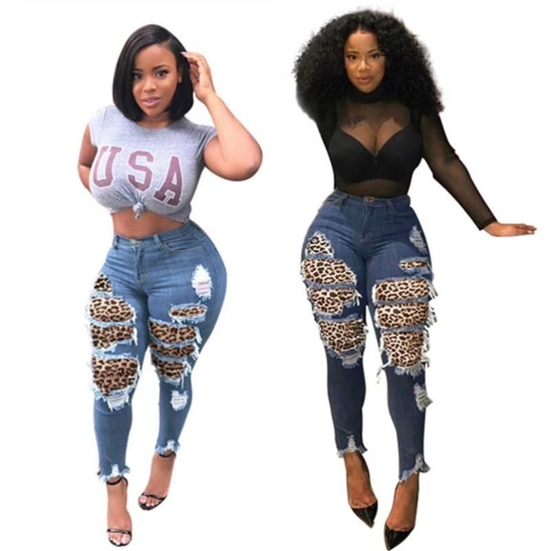 

Women's Plus Size Pants Women Jeans Clothing Xl-5xl Denim Wholesale Korean Fashion Leopard Patchwork Preppy Style Leggings Drop 211106Women', Blue