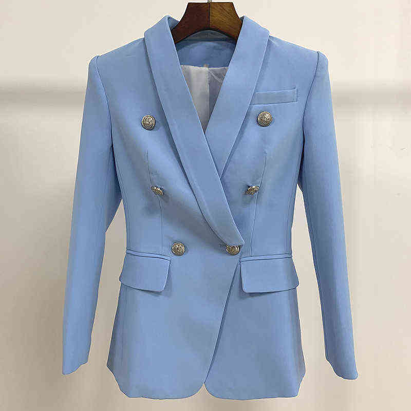 

New Sky Blue Blazer Women Suit Classic Double Breasted Sliver Button Scarf Collar Office Ladies Blazers Jackets High Quality J220813, The photo