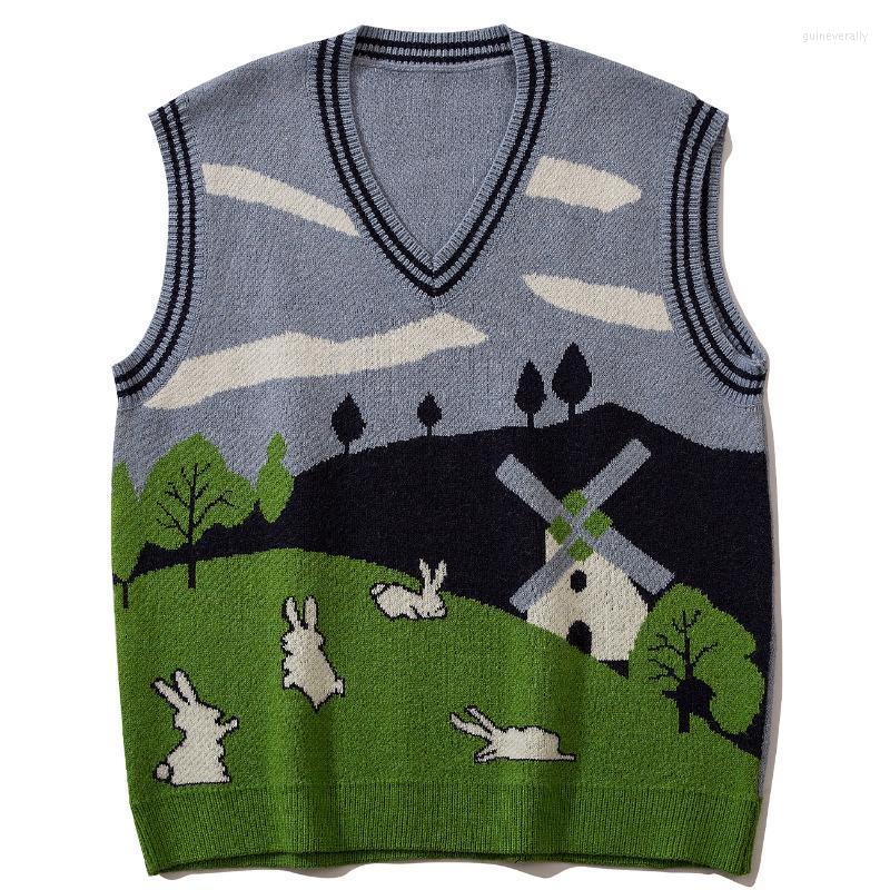 

Men's Vests LACIBLE Streetwear Harajuku Grassland Graphic Sleeveless Vest Loose Knit Sweater Casual Kintted Tank Tops Pullover Guin22, Black