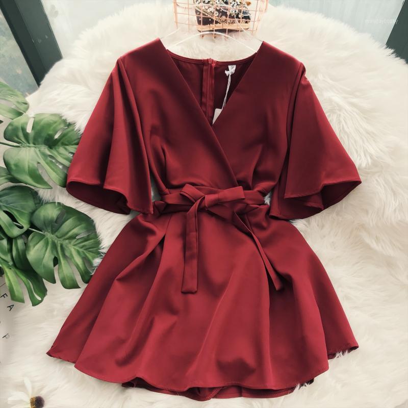 Combinaisons pour femmes Barboteuses Femmes Été Mode Casual Manches Courtes Flare V Cou Ceinture Décoration Taille Haute Combinaison Femme Élégan