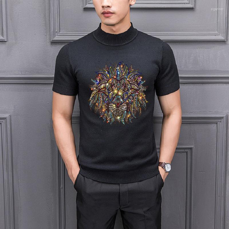 

Men's Sweaters Shiny Slim Men's Sweater Fashion Trend Rhinestone Short Sleeve High Quality Knitted Fabric Handsome T-ShirtMen's Olga22, Khaki