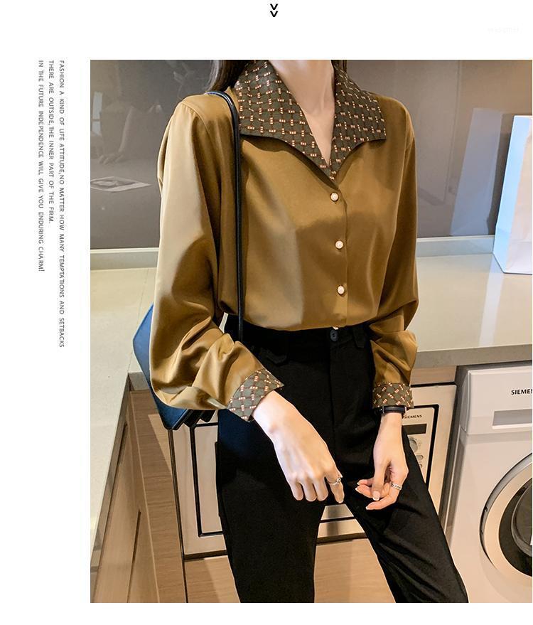 

Women' Shirt Style 2022 Wild Retro Hong Kong Long-sleeved Temperament Draped Floral Top Blouses & Shirts, Army green
