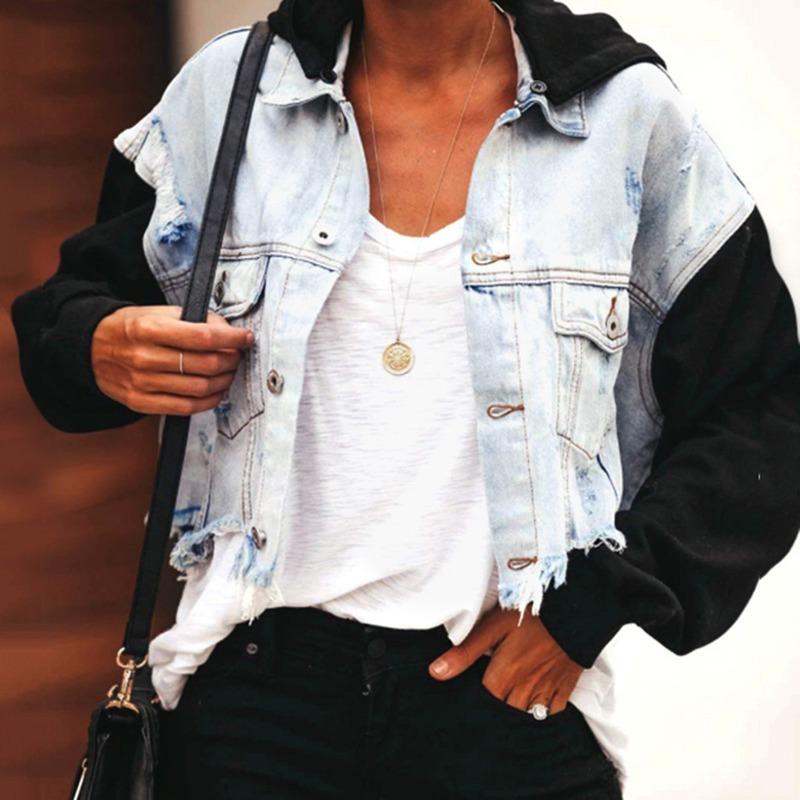 

Women' Jackets Women Washed Blue Black Short Jean Coats 2022 Vintage Patchwork Denim Hooded High Street Casual Jacket Female OvercoatWomen