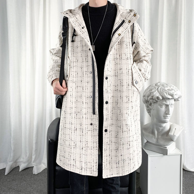 

Men's Trench Coats Men's Long Woolen Windbreaker Plaid Printing Cashmere Trench Coats Style Overcoat Cotton Highquality Parkas Size M3XL 220826, Creamy-white