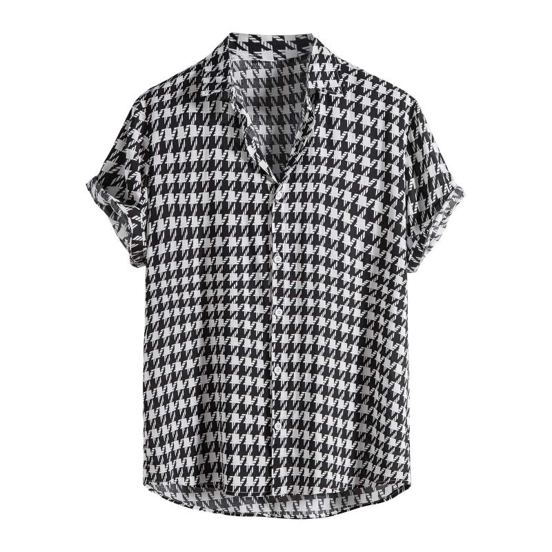

Men' Casual Shirts Summer Houndstooth Plaid For Men Hawaiian Short Sleeve Mens Social Dress Beach Button Up Blouse CamisasMen, Black