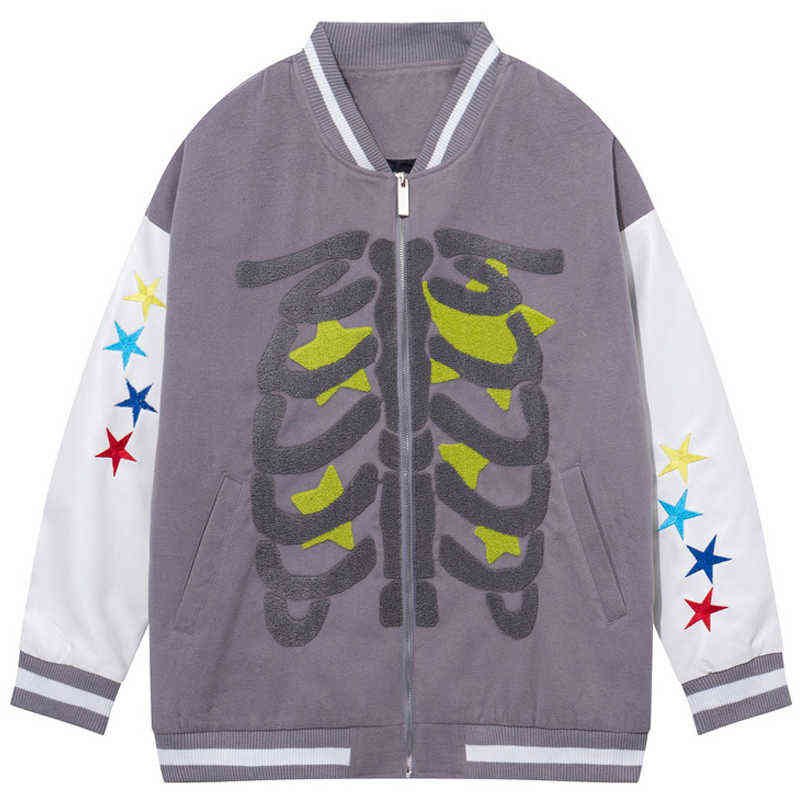 

Hip Hop Suede Baseball Jacket Men Skeleton Star Embroidery Patchwork Women Couple Oversized Streetwear Bomber College Jacket T220728, Black