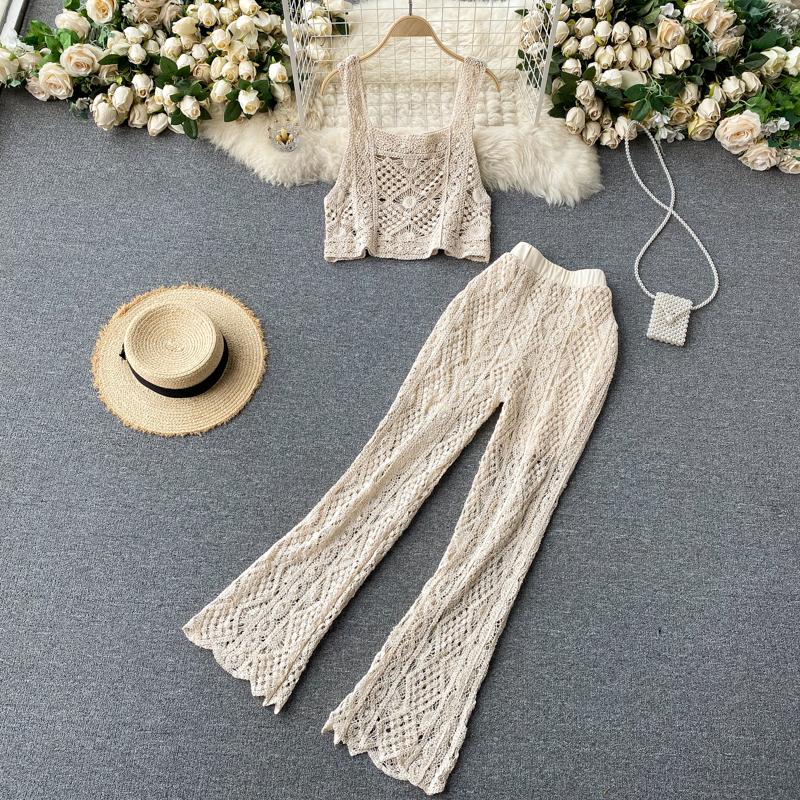 

Women's Two Piece Pants Clothland Women Sexy Hollow Out Crop Top Trousers Set Suit Sleeveless High Waist Chic Sets Mujer TZ455Women's, As picture