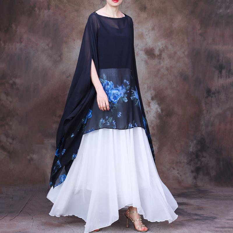 

Women's Blouses & Shirts Summer 2022 Original Chiffon Printing Irregular Large Top Temperament Fashion Shawl Cover LooseWomen's, Blue