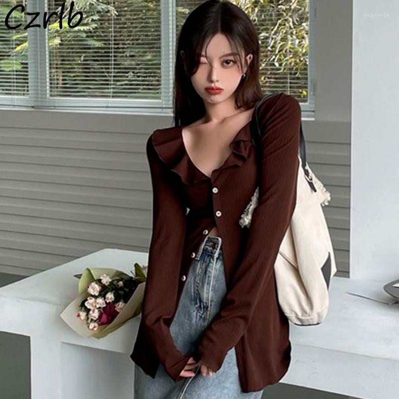 

Women' Blouses & Shirts Women Vintage V-neck Ruffles Sexy Autumn Personal Stylish Top Female All-match American Slim Ulzzang SimpleWomen, Coffee