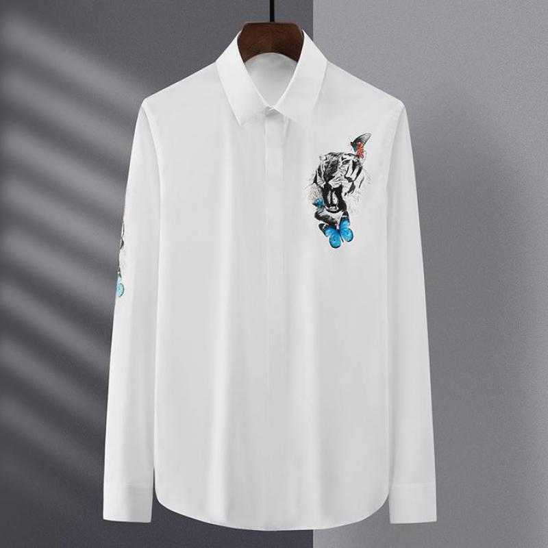 

Men's Casual Shirts Minglu Cotton Male Luxury Long Sleeve Butterfly And Tiger Printed Mens Slim Fit Party Man 4xl, White;black