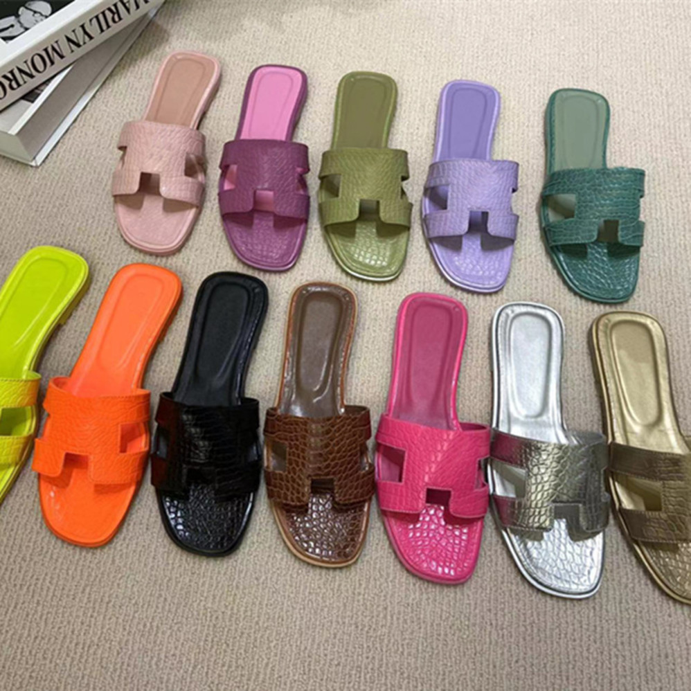 

Alligator Pattern H Leather slippers brand women slides slip on mules Flats low heel Summer Lazy Designer fashion flip flops party dress shoes sexy Sandals22, Fill postage