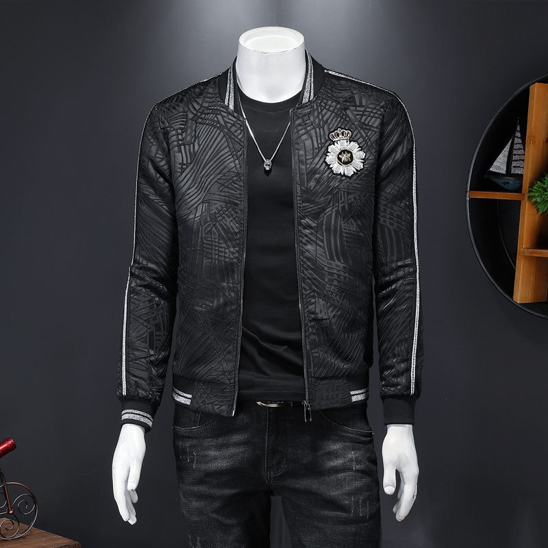 

2023 autumn new trend personality jacquard men's jacket Korean version fashion embroidered stand-up collar men's top casual baseball uniform s-5XL, Black