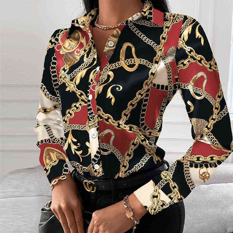 

Fashion Chain Leopard Printed Lady Office Shirt Elegant Turn-down Collar Blouse Casual Button Long Sleeve New Autumn Women Tops, 03 black print