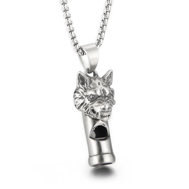

Gothic Wolf Head Whistle Necklace Pendant Casting Stainless Steel Rolo Chain Jewelry For Mens Boys Cool Gifts Silver Polished Bling 3mm 24 Inch
