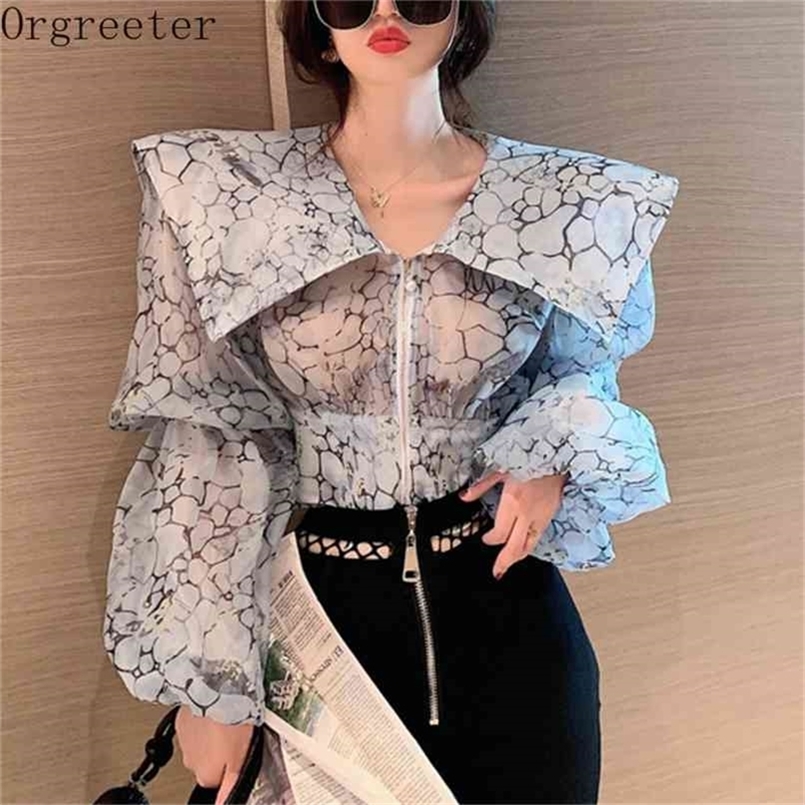 

INS Fashion Large Lapel Crop Shirt Female Chic Design Retro Printted Puff sleeve Elegant Zipper Short Blouse Women's Tops 210602, Black