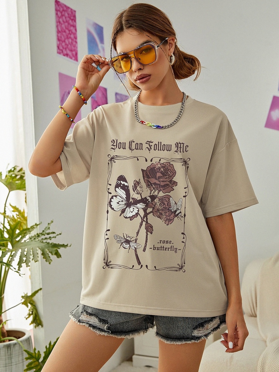 

slogan & Butterfly Print Drop Shoulder Oversized Tee 69Jv#, Khaki