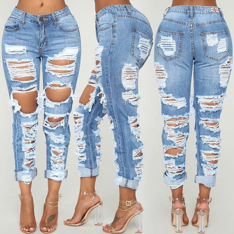 

Women' Jeans Hole Washed Ripped Women 2022 Casual Korean High Waist Trousers Ladies Denim Light Blue Hollow Bleached Pencil Pants