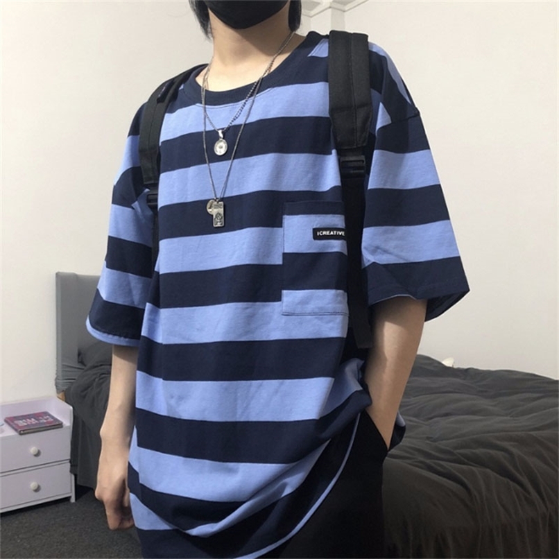 

Hip Hop Stripe Youthful Vitality Short Slevees t Shirt Harajuku Loose Unisex Punk Style Casual Top Kpop Pullover Streetwear 220616, Blue