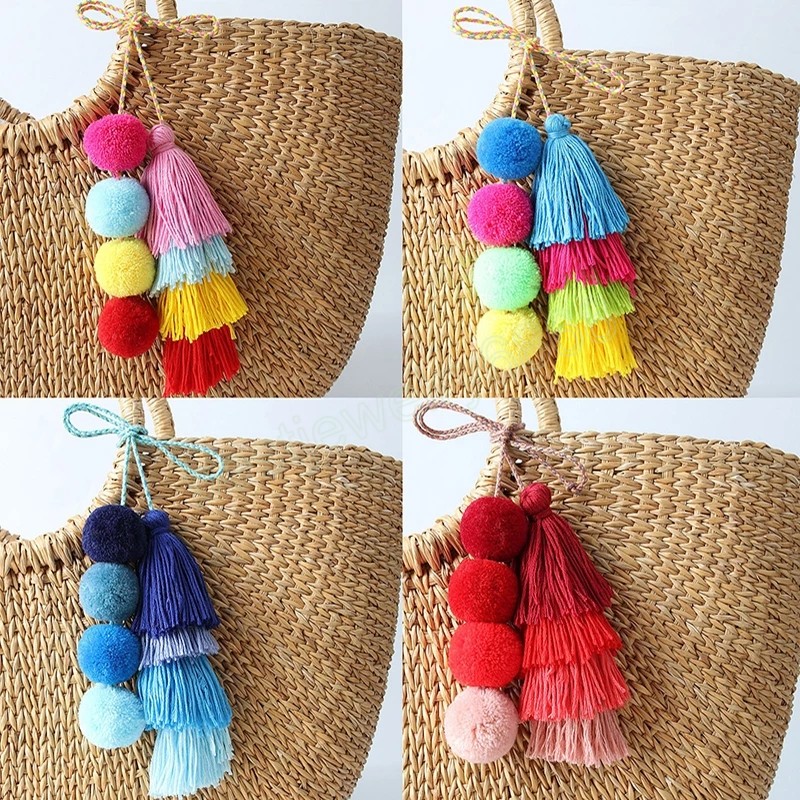 

Women Bohemia Colorful Layered Boho Pom Pom Keyring Tassel Bag Car Trinket Rainbow Charm Keychain Accessories Jewelry