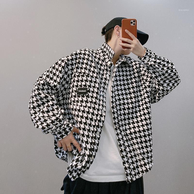 

Autumn And Winter Plaid Shirt Men's Long-Sleeved Korean Trend Loose Black White Tweed Short Coat Jacket M-2XL Casual Shirts