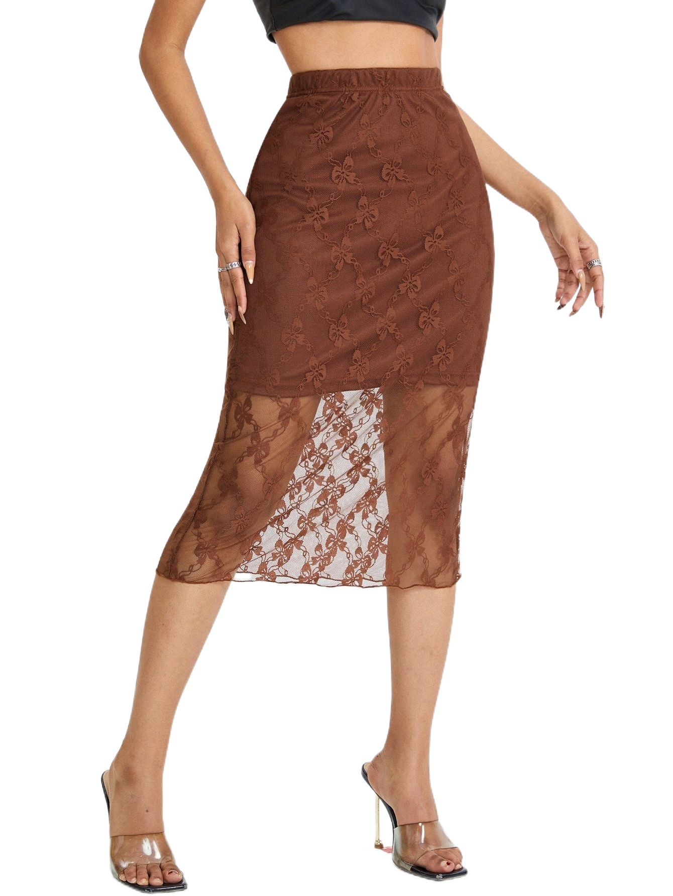 

high Waist Lettuce Trim Lace Skirt F4Bp#, Rust brown