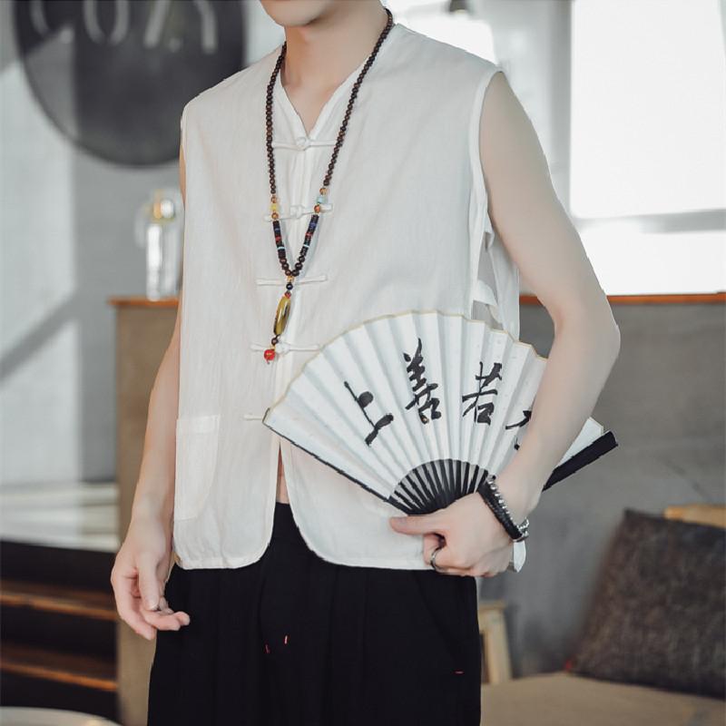 

Men's Casual Shirts Chinese Tang Suit Men's Top Sleeveless Vest Street Loose Summer Vacation Beach Breathable Comfortable All-match Shir, Navy blue