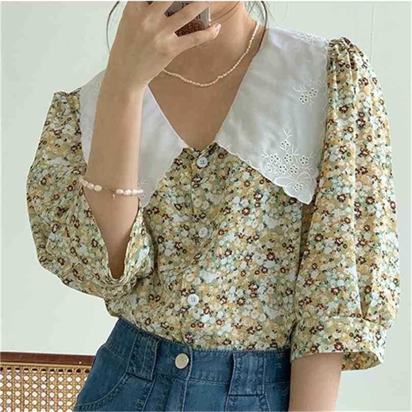 

Casual Florals Streetwear Sweet Retro Slim Femme Short Sleeves Prom Tops High Waist Shirts Chic Loose Blouses 210525, Yellow
