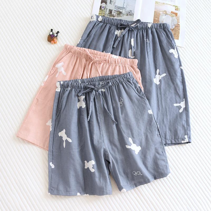 

Women's Sleepwear Lovers' Japanese Cotton Double-layer Gauze Shorts Men's And Women's Home Clothes Pajamas Pants Thin SummerWome, Pink rabbit (woman)