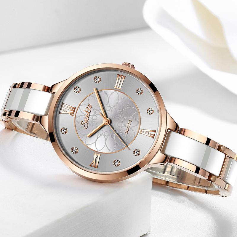 

Wristwatches Luxury Watch Top Brand SUNKTA Rose Gold For Women Quartz Fashion Ladies Bracelet Clock Relogio Feminino, Rose gold white