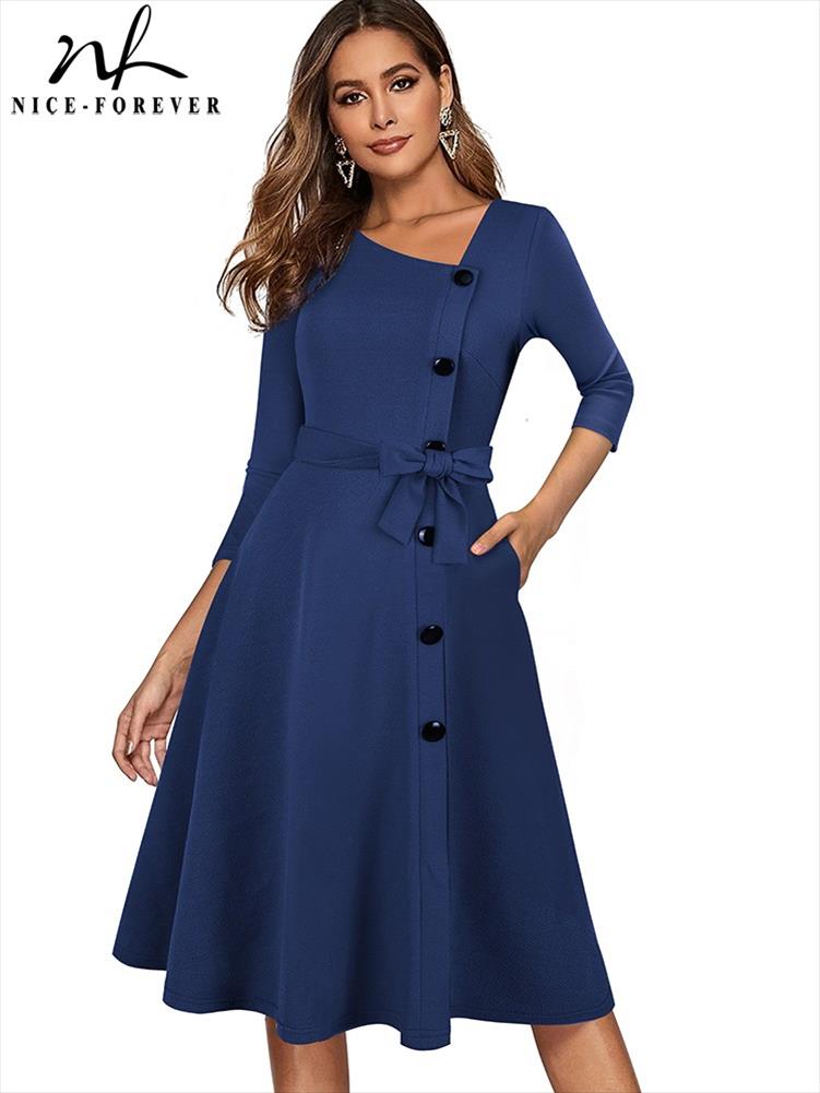 

Nice-forever Spring Solid Color With Button Retro Elegant Dresses Party Flare Swing Women Dress A241, Blue floral