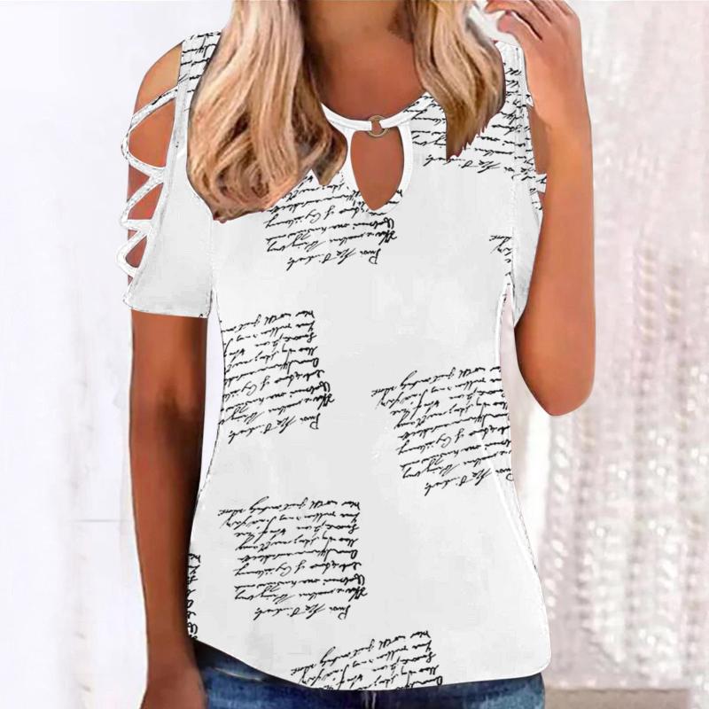 

Women' T-Shirt Letter Print Women Tshirt Hollow Out Short Sleeve Crewneck Cold Shoulder Tops Casual Sexy Summer Loose Tees Kawaii Clothes 4, Ye