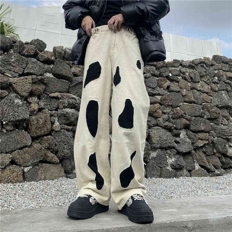 

Jeans Men Patchwork Hip Hop Apricot Patch Design Straight Denim Trousers Male Street Baggy Contrasting Colors Ripped Pants 2022 T220803