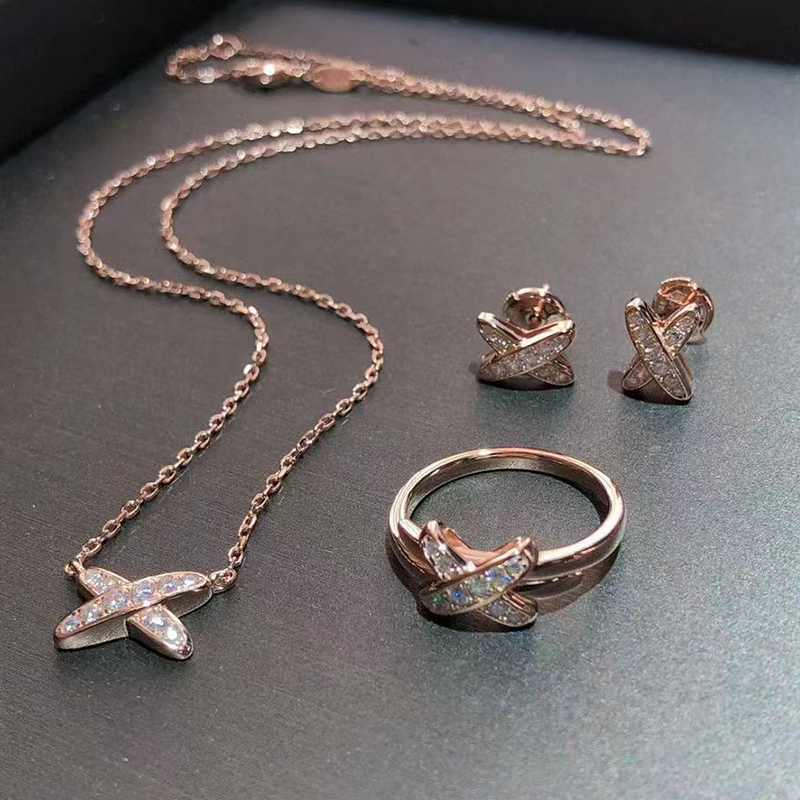 Dupe CHAU-MET Paris Pendants Cross Design Women's Diamond Necklace Earring Rings 2Colors Rosegold/Silver-image-423826208