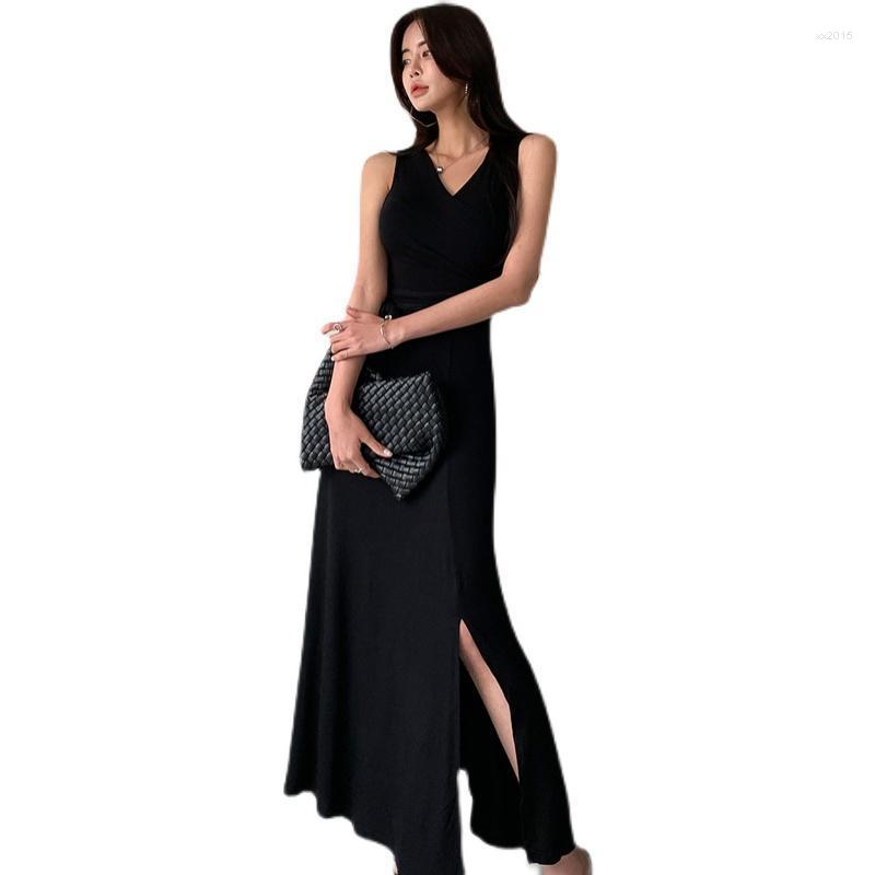 

Casual Dresses Black Sleeveless Summer Korean Style High Waist Slim V-neck Drawstring Long Maxi For Women Robes T0175