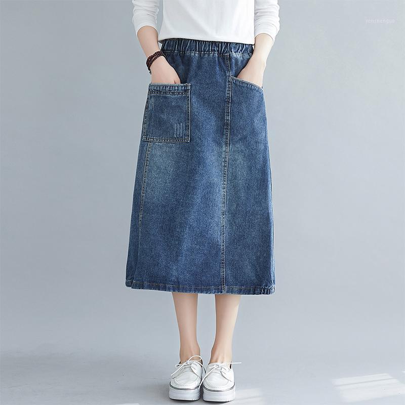 

Skirts Women Denim Spring Summer Casual Elastic Waist Pockets Female Jeans Fashion Skirt DM001, Blue