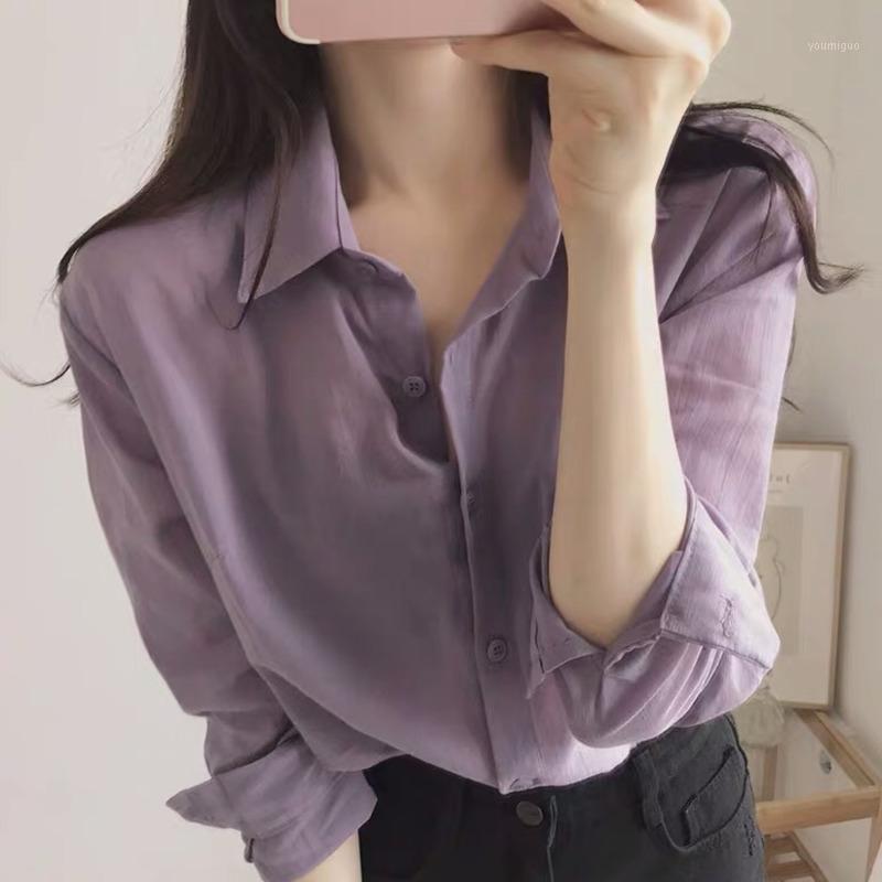 

Promotion Shirts Classic Long Sleeve Lapel Womens Blouse Solid Printing Button Design Women' Blouses, Purple